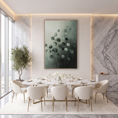 Gray Green Eucalyptus Stems Botanical wall art in an elegant modern room – eucalyptus stems with round gray-green