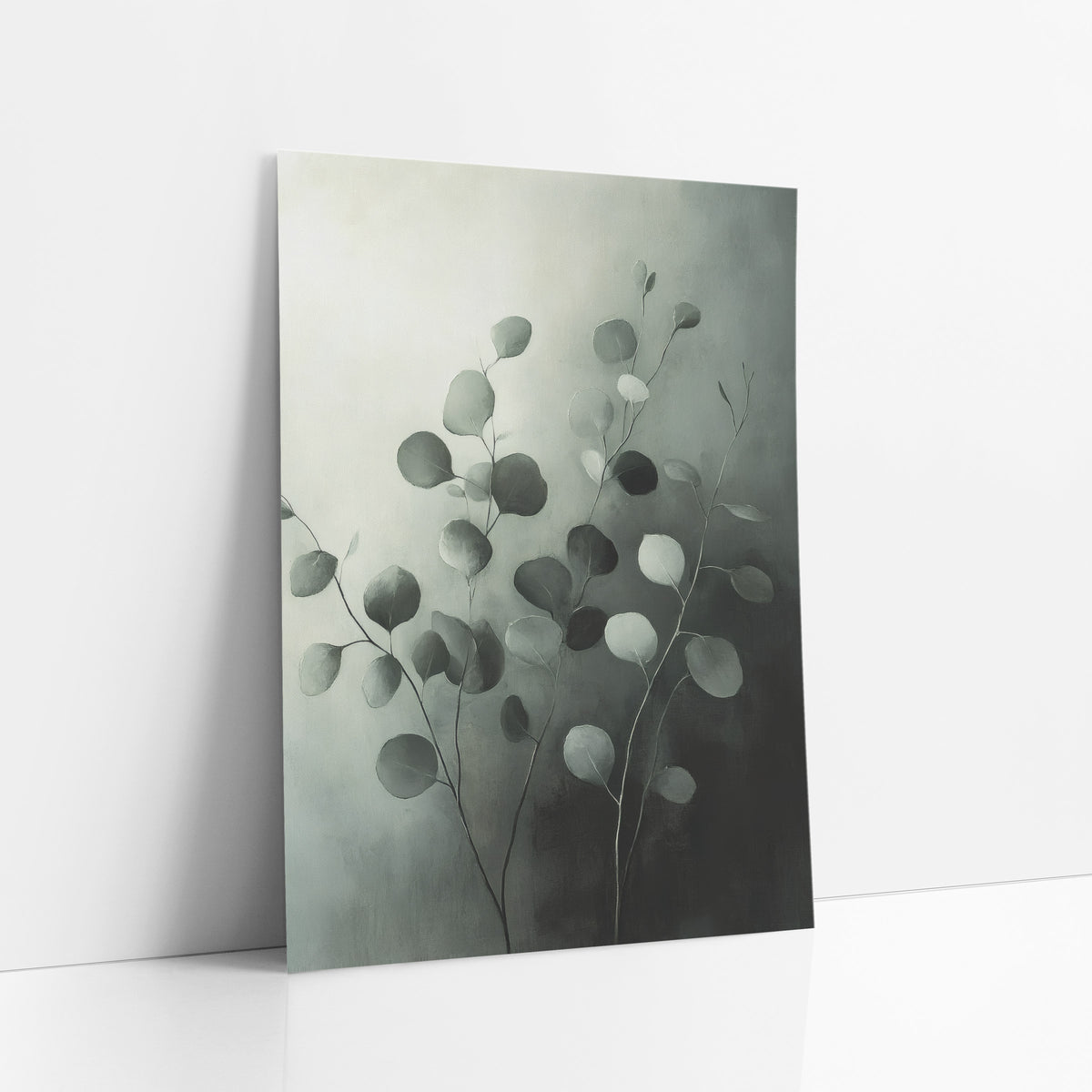 Gray Green Eucalyptus Stems Botanical art print leaning against a white wall – eucalyptus stems with round gray-green leaves