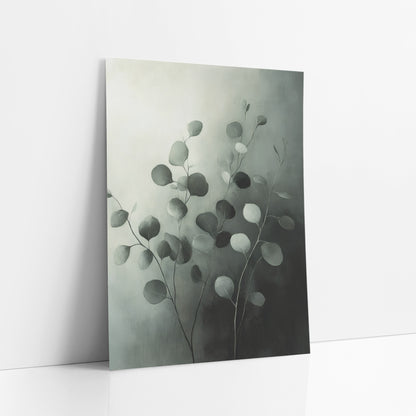 Gray Green Eucalyptus Stems Botanical art print leaning against a white wall – eucalyptus stems with round gray-green leaves