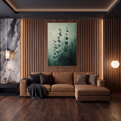 Misty Green Eucalyptus Stems Botanical wall art in an elegant modern room – three tall eucalyptus stems with round