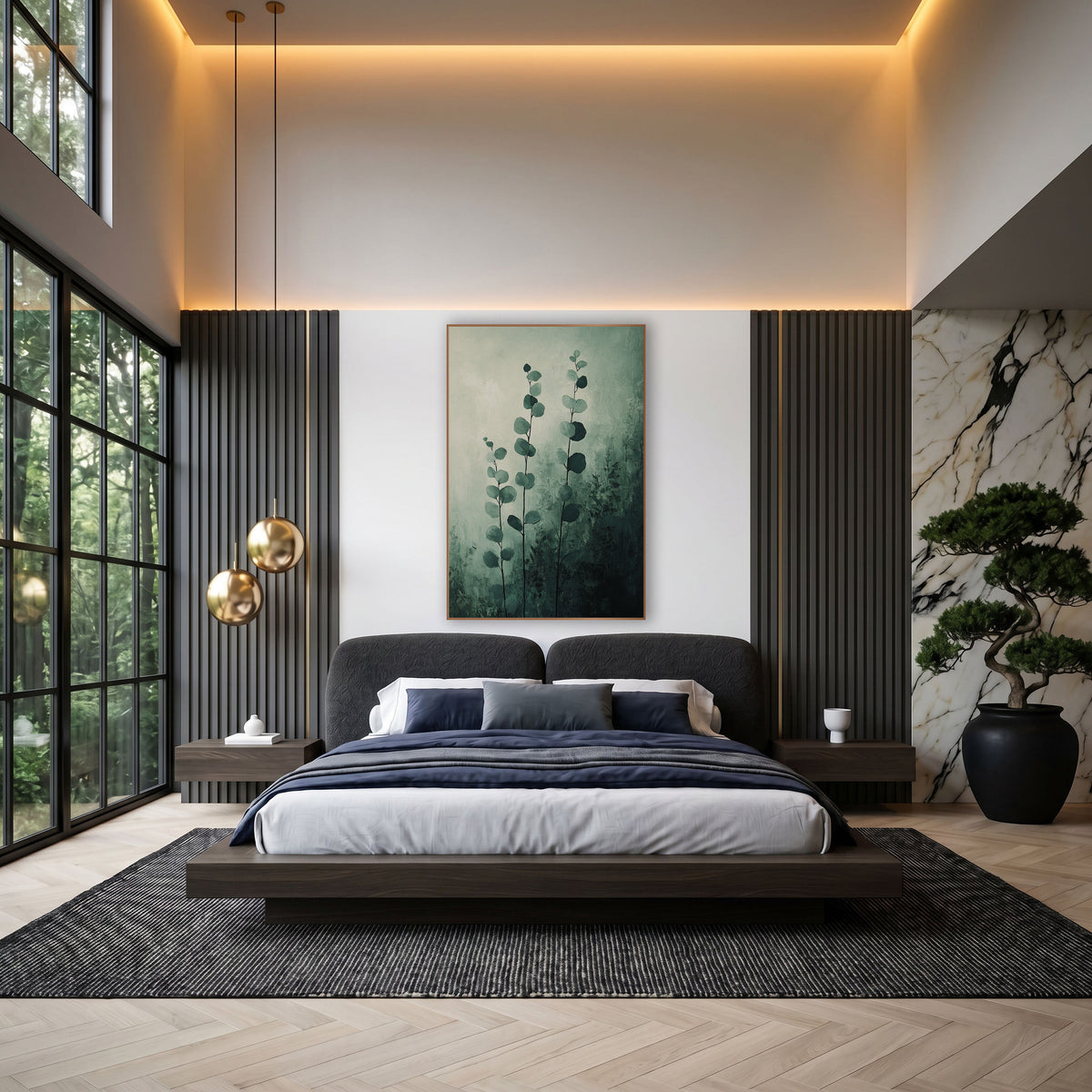 Misty Green Eucalyptus Stems Botanical wall art in an elegant modern room – three tall eucalyptus stems with round