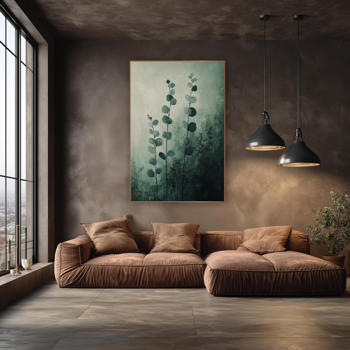 Misty Green Eucalyptus Stems Botanical wall art in an elegant modern room – three tall eucalyptus stems with round