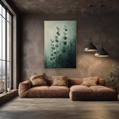 Misty Green Eucalyptus Stems Botanical wall art in an elegant modern room – three tall eucalyptus stems with round