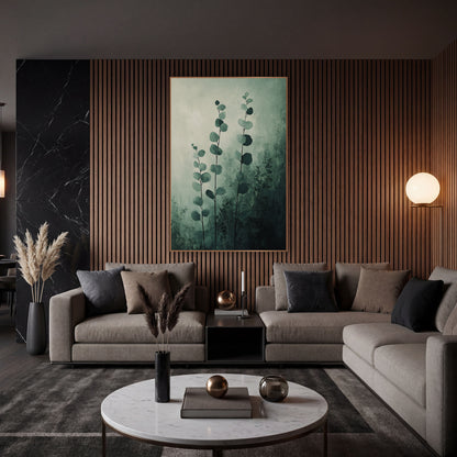 Misty Green Eucalyptus Stems Botanical wall art in an elegant modern room – three tall eucalyptus stems with round