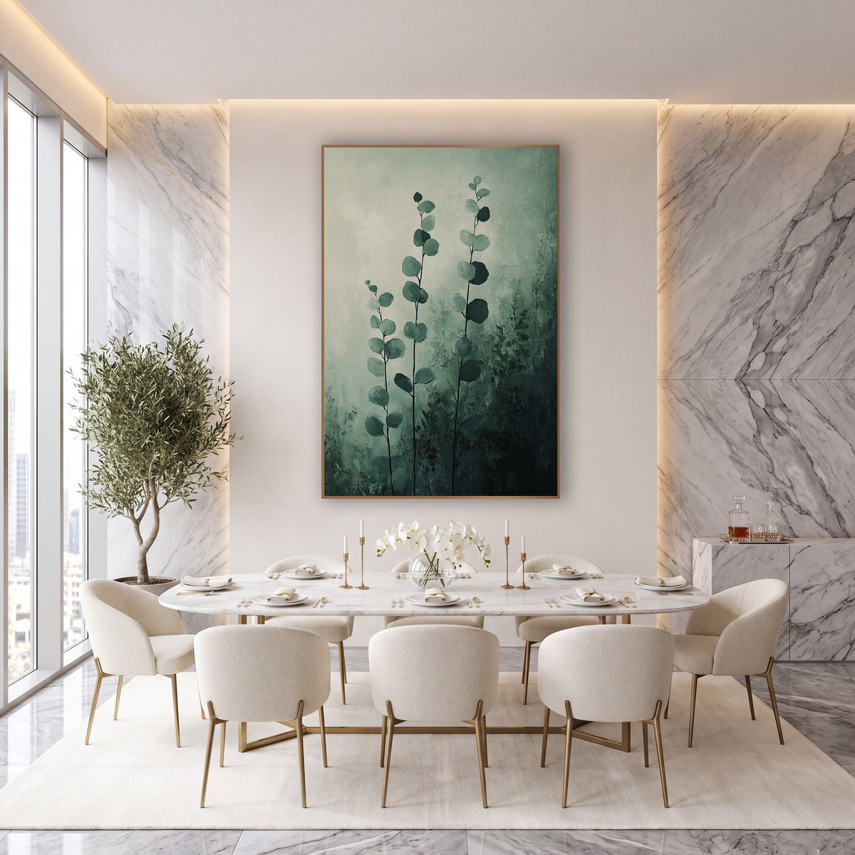 Misty Green Eucalyptus Stems Botanical wall art in an elegant modern room – three tall eucalyptus stems with round