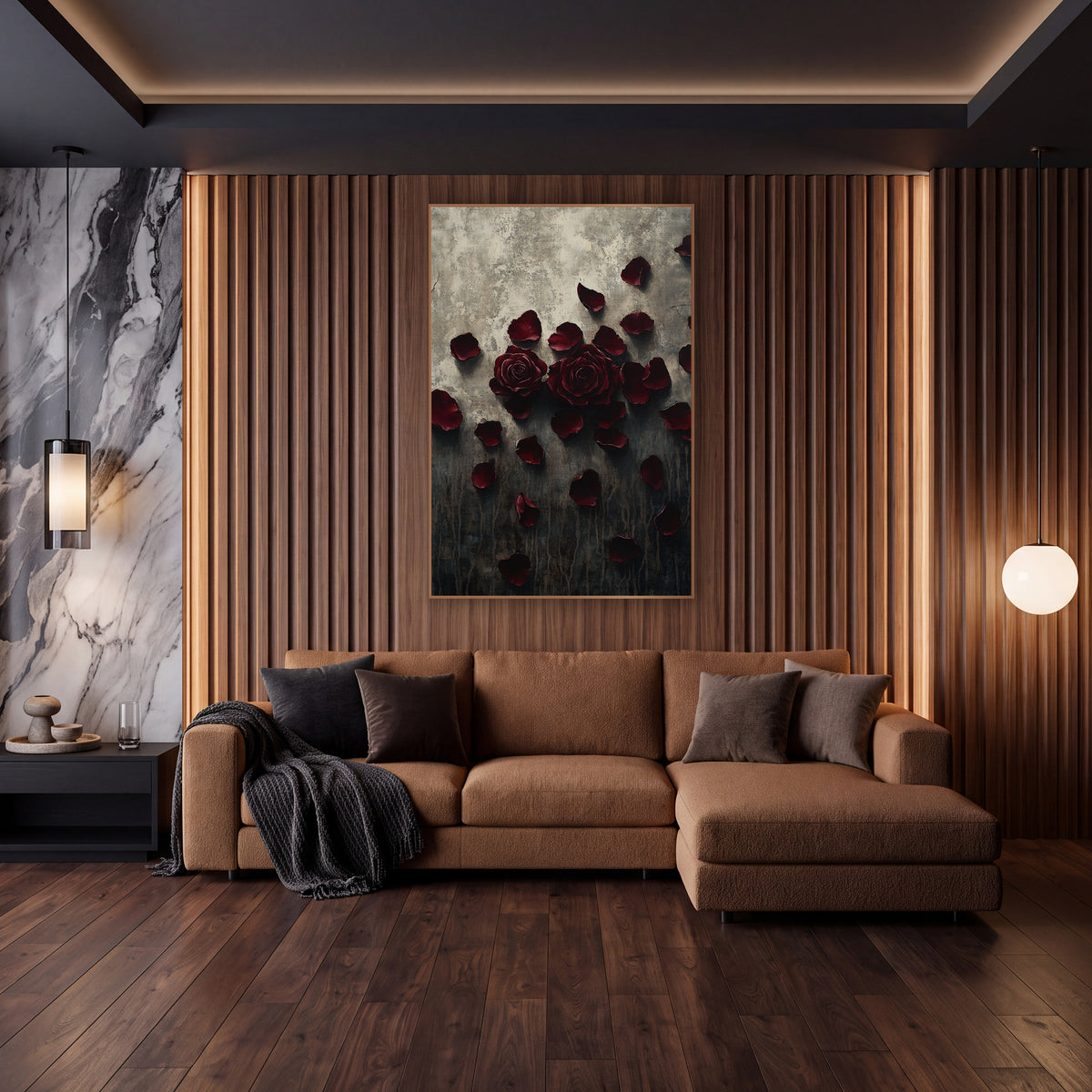 Twin Burgundy Roses Charcoal Moody wall art in an elegant modern room – two burgundy roses with loose petals scattered
