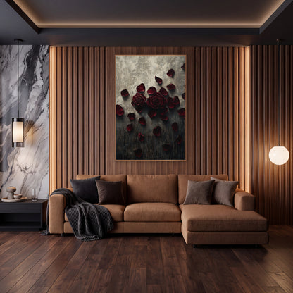 Twin Burgundy Roses Charcoal Moody wall art in an elegant modern room – two burgundy roses with loose petals scattered