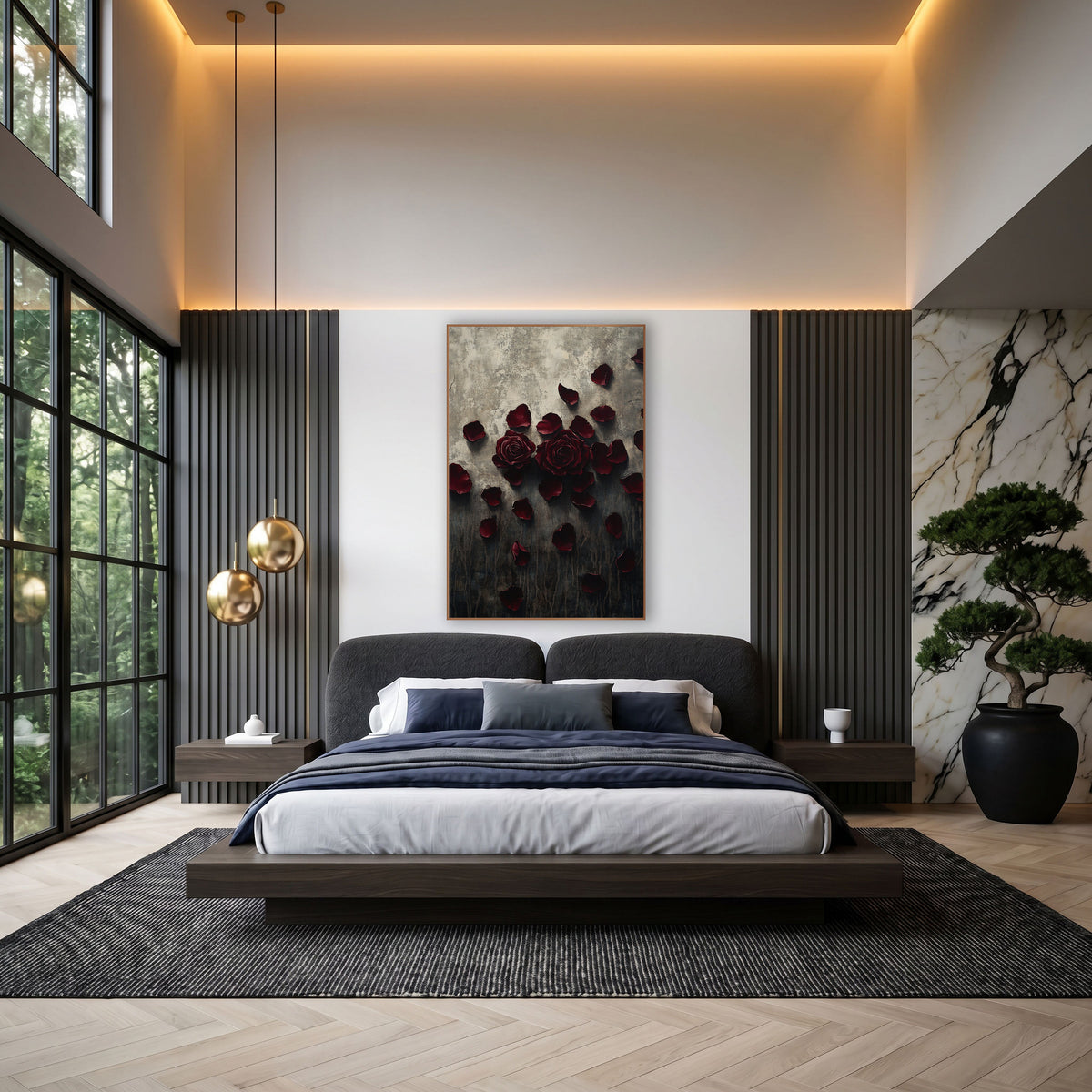 Twin Burgundy Roses Charcoal Moody wall art in an elegant modern room – two burgundy roses with loose petals scattered