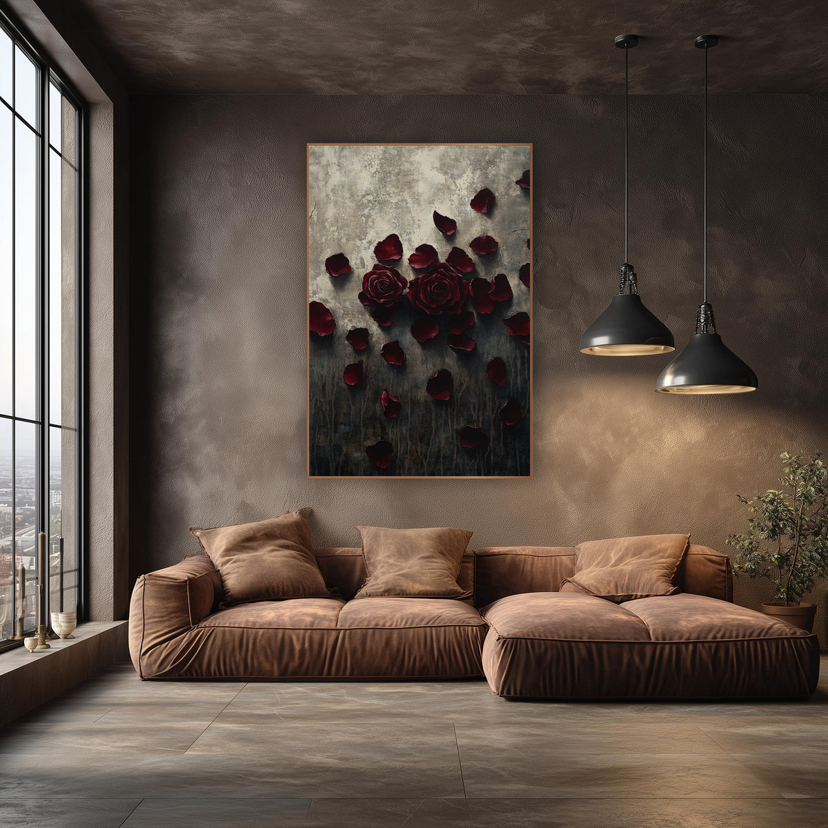 Twin Burgundy Roses Charcoal Moody wall art in an elegant modern room – two burgundy roses with loose petals scattered
