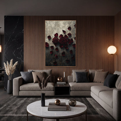 Twin Burgundy Roses Charcoal Moody wall art in an elegant modern room – two burgundy roses with loose petals scattered