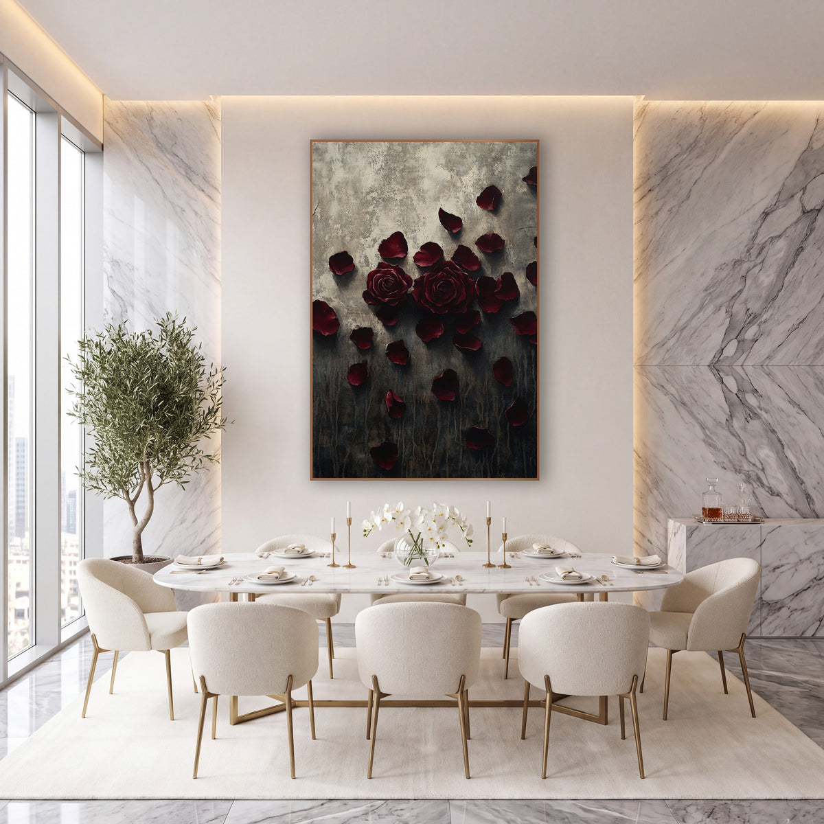 Twin Burgundy Roses Charcoal Moody wall art in an elegant modern room – two burgundy roses with loose petals scattered