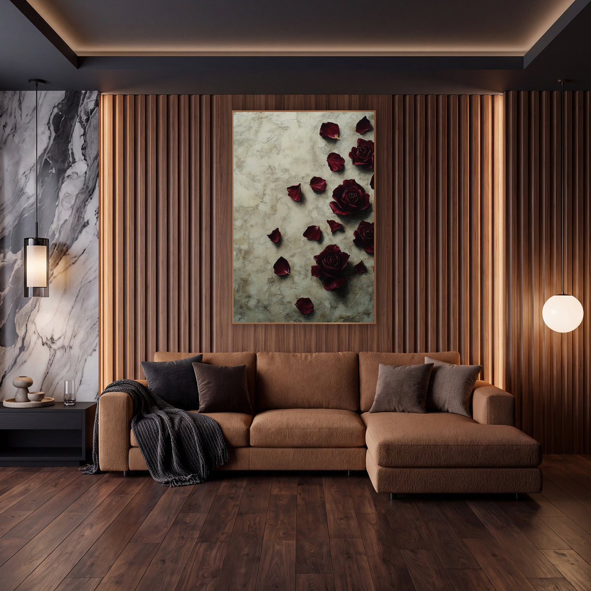 Four Burgundy Roses Fallen Petals Luxe wall art in an elegant modern room – four burgundy roses and scattered dark red