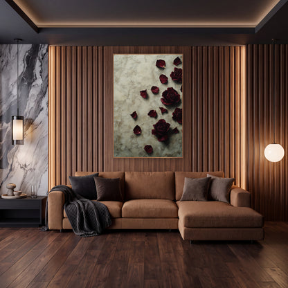 Four Burgundy Roses Fallen Petals Luxe wall art in an elegant modern room – four burgundy roses and scattered dark red