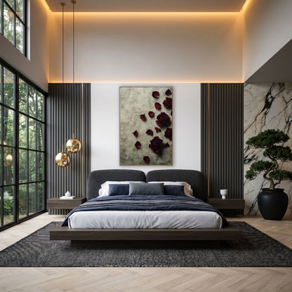 Four Burgundy Roses Fallen Petals Luxe wall art in an elegant modern room – four burgundy roses and scattered dark red