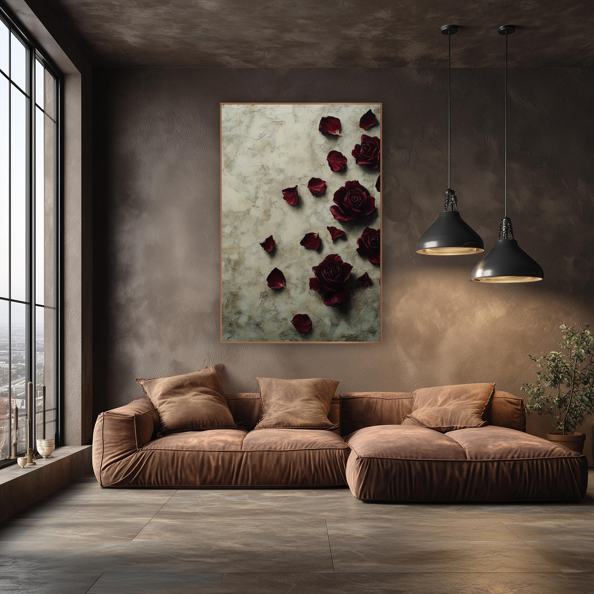 Four Burgundy Roses Fallen Petals Luxe wall art in an elegant modern room – four burgundy roses and scattered dark red