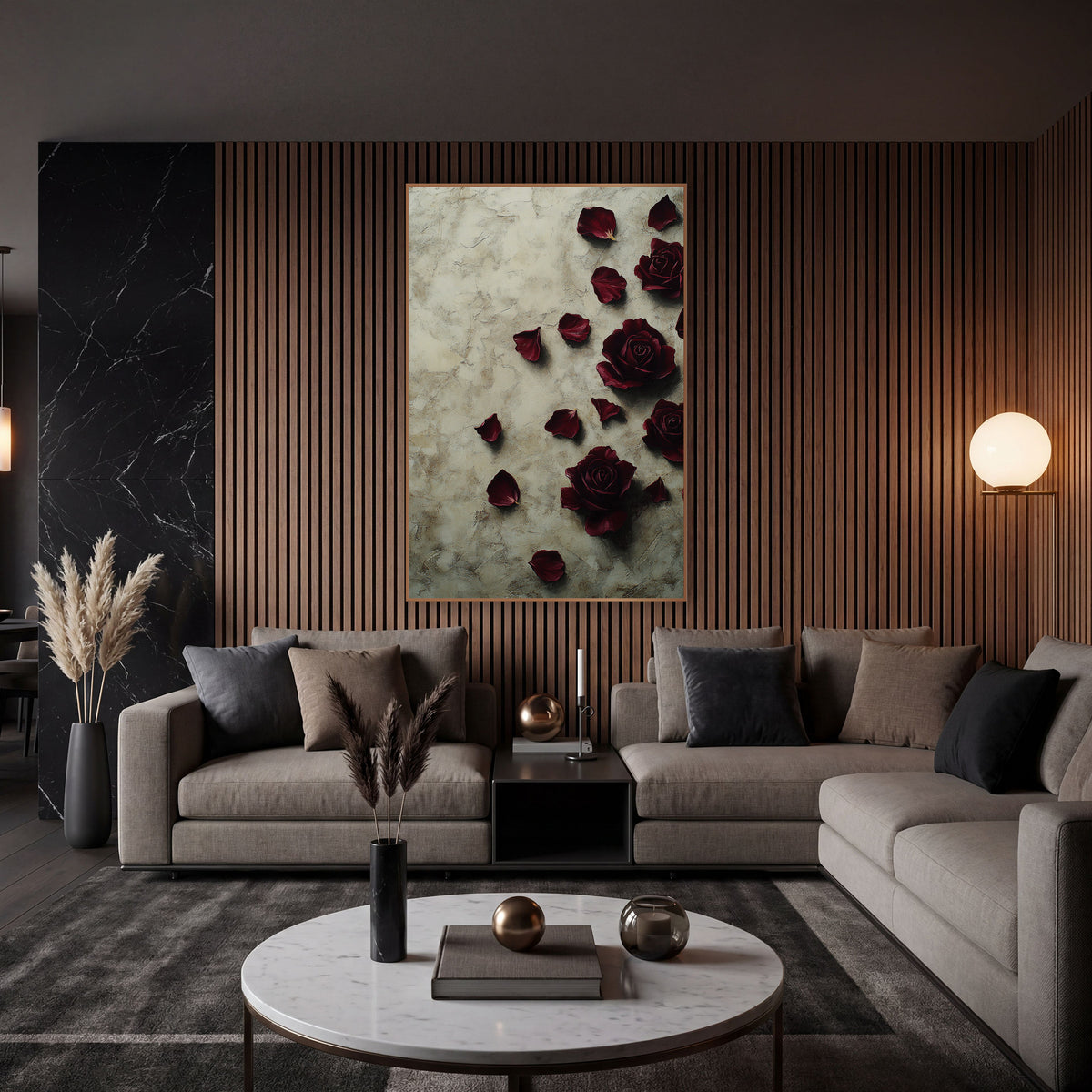 Four Burgundy Roses Fallen Petals Luxe wall art in an elegant modern room – four burgundy roses and scattered dark red