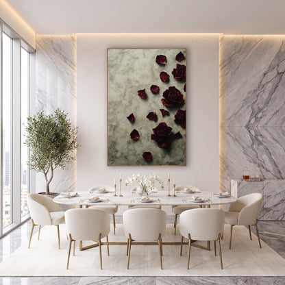 Four Burgundy Roses Fallen Petals Luxe wall art in an elegant modern room – four burgundy roses and scattered dark red
