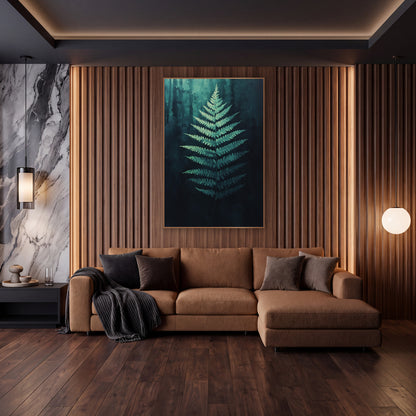 Moonlit Fern Frond Botanical wall art in an elegant modern room – pale seafoam fern frond glowing at center