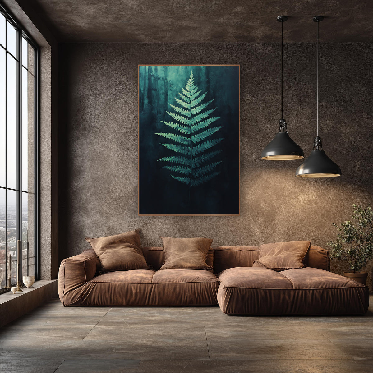 Moonlit Fern Frond Botanical wall art in an elegant modern room – pale seafoam fern frond glowing at center