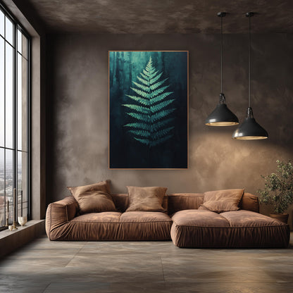 Moonlit Fern Frond Botanical wall art in an elegant modern room – pale seafoam fern frond glowing at center
