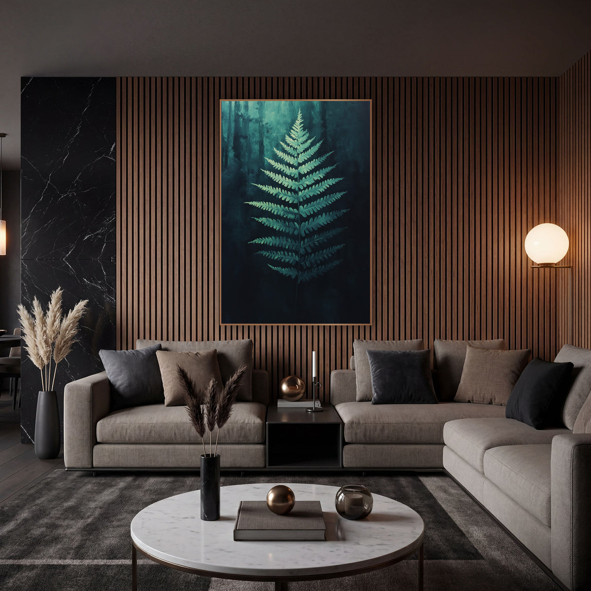 Moonlit Fern Frond Botanical wall art in an elegant modern room – pale seafoam fern frond glowing at center