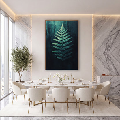 Moonlit Fern Frond Botanical wall art in an elegant modern room – pale seafoam fern frond glowing at center