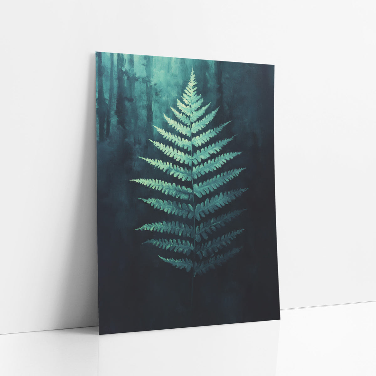 Moonlit Fern Frond Botanical art print leaning against a white wall – pale seafoam fern frond glowing at center against dark