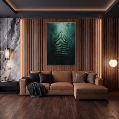 Emerald Fern Frond Botanical wall art in an elegant modern room – single pale green fern frond glowing against a dark