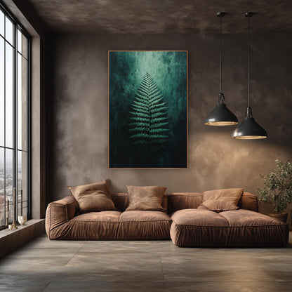 Emerald Fern Frond Botanical wall art in an elegant modern room – single pale green fern frond glowing against a dark