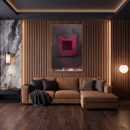 Burgundy Floating Square Abstract wall art in an elegant modern room – abstract artwork of a burgundy square