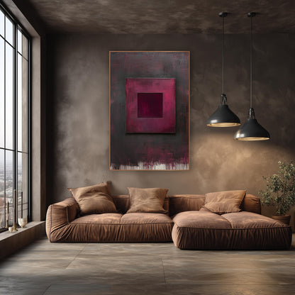 Burgundy Floating Square Abstract wall art in an elegant modern room – abstract artwork of a burgundy square