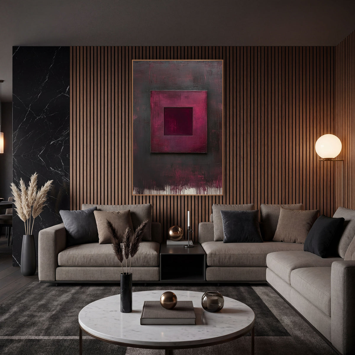 Burgundy Floating Square Abstract wall art in an elegant modern room – abstract artwork of a burgundy square
