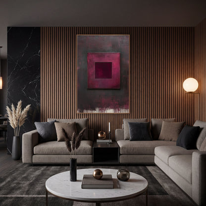 Burgundy Floating Square Abstract wall art in an elegant modern room – abstract artwork of a burgundy square