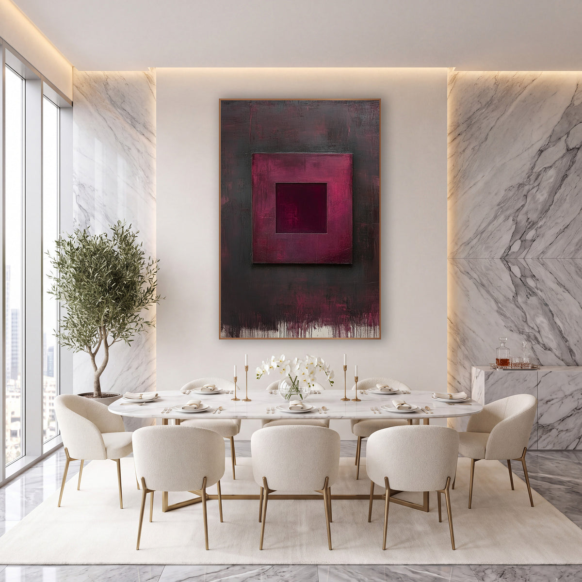 Burgundy Floating Square Abstract wall art in an elegant modern room – abstract artwork of a burgundy square