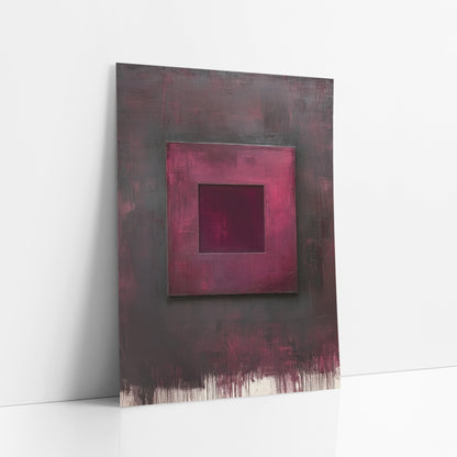 Burgundy Floating Square Abstract art print leaning against a white wall – abstract artwork of a burgundy square