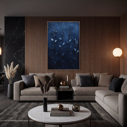 Navy Leafy Stems Moody Botanical wall art in an elegant modern room – four slender stems with pale blue leaves rising