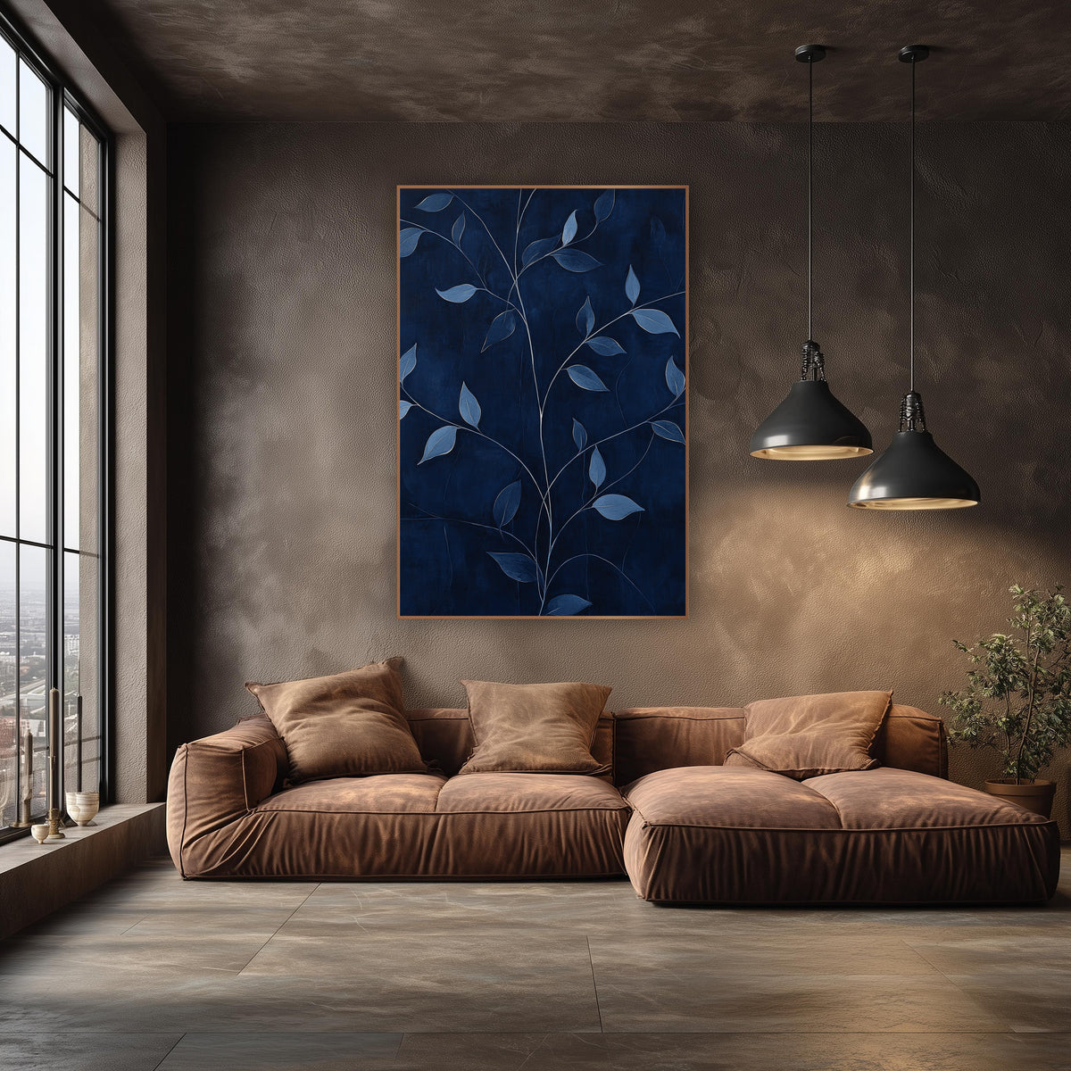 Navy Blue Vine Leaf Botanical wall art in an elegant modern room – branching vine stems with dusty blue leaves
