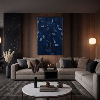 Navy Blue Vine Leaf Botanical wall art in an elegant modern room – branching vine stems with dusty blue leaves