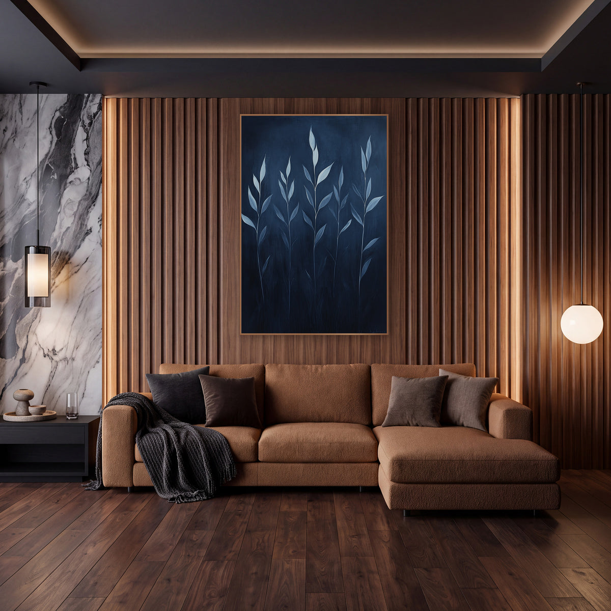 Five Pale Reed Stalks Midnight wall art in an elegant modern room – five slender stems with pale blue-white leaves