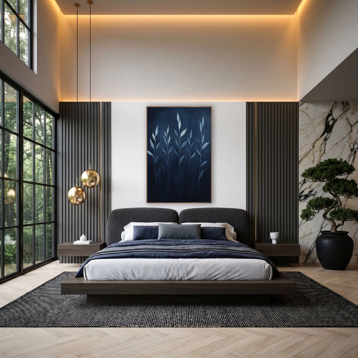 Five Pale Reed Stalks Midnight wall art in an elegant modern room – five slender stems with pale blue-white leaves