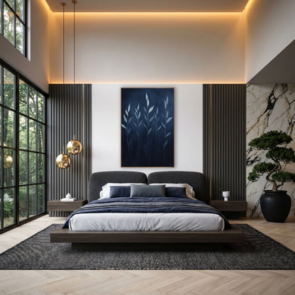 Five Pale Reed Stalks Midnight wall art in an elegant modern room – five slender stems with pale blue-white leaves