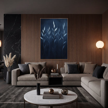 Five Pale Reed Stalks Midnight wall art in an elegant modern room – five slender stems with pale blue-white leaves