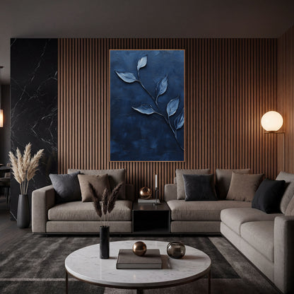 Navy Diagonal Leaf Sprig Contemporary wall art in an elegant modern room – curving stem with six pale silver-blue