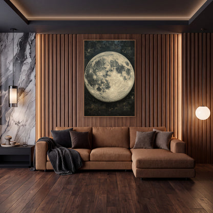 Cream Full Moon Celestial Luxury wall art in an elegant modern room – large cream and gray full moon with fine craters