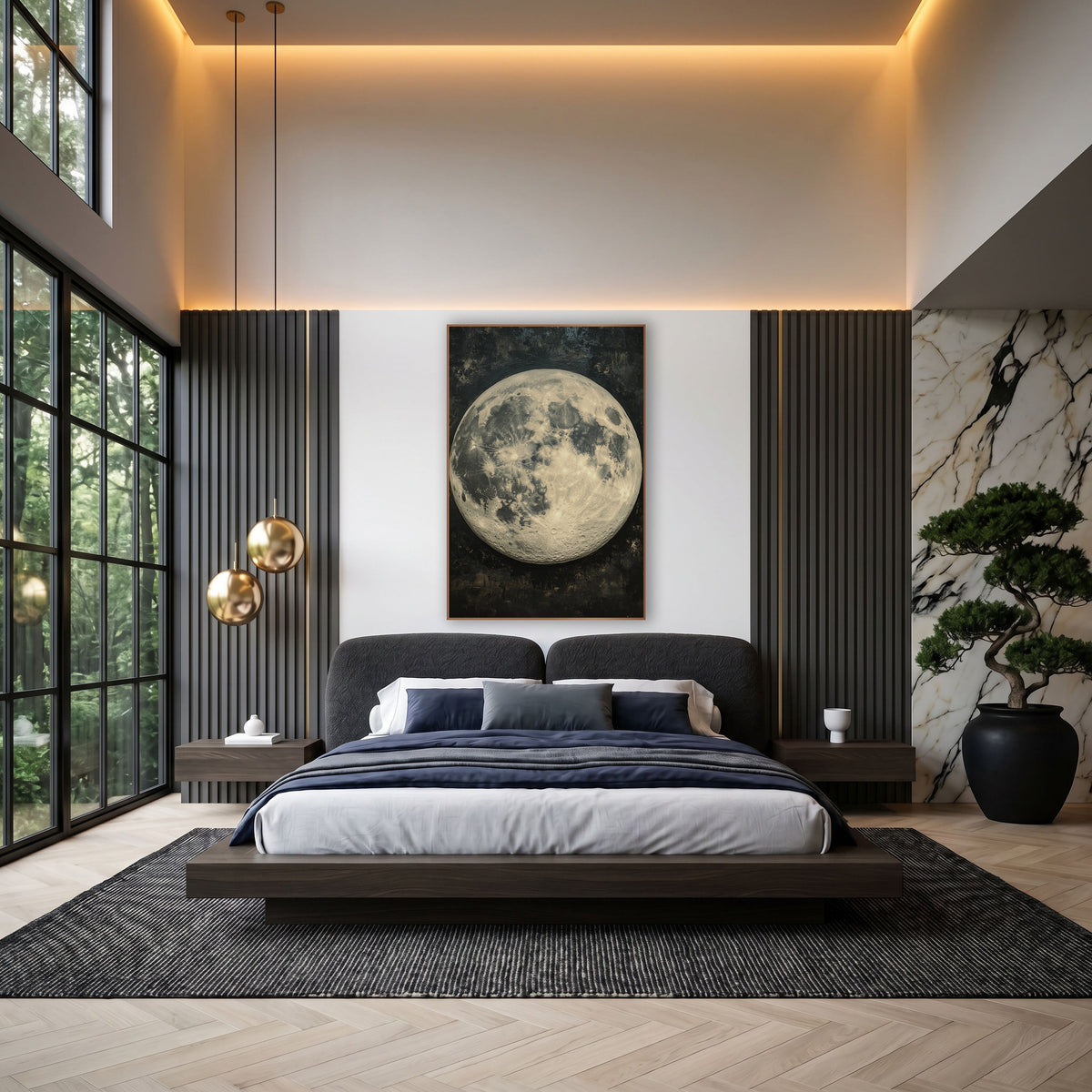 Cream Full Moon Celestial Luxury wall art in an elegant modern room – large cream and gray full moon with fine craters