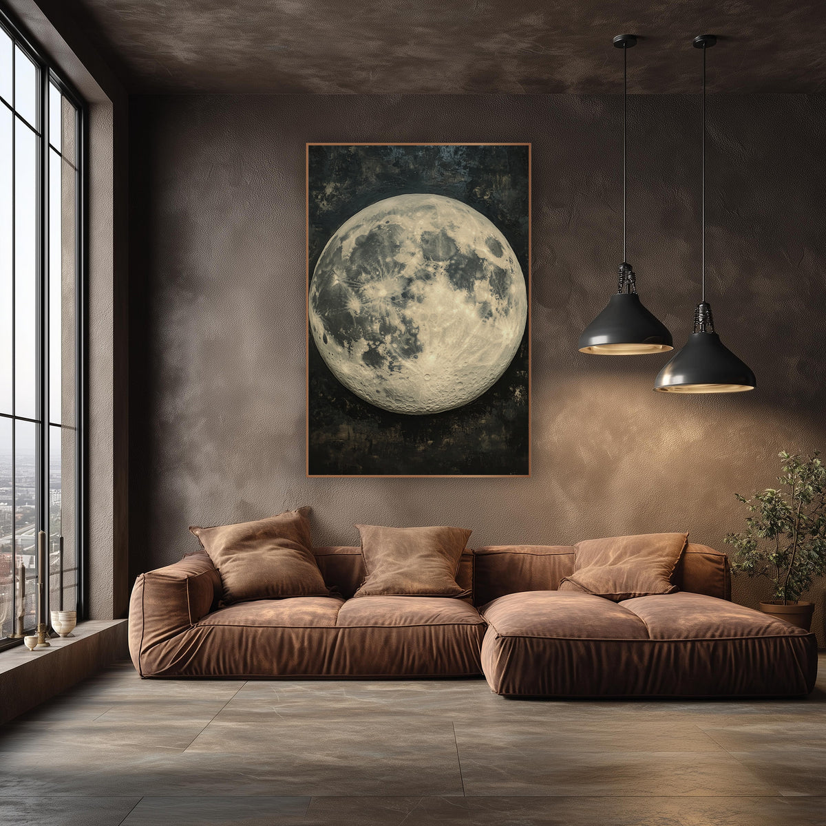 Cream Full Moon Celestial Luxury wall art in an elegant modern room – large cream and gray full moon with fine craters