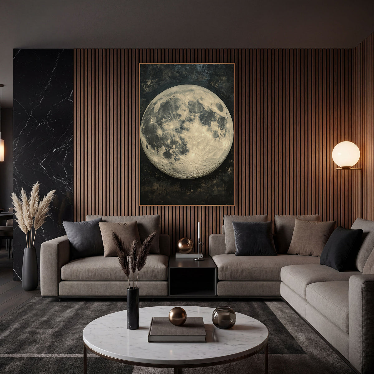 Cream Full Moon Celestial Luxury wall art in an elegant modern room – large cream and gray full moon with fine craters
