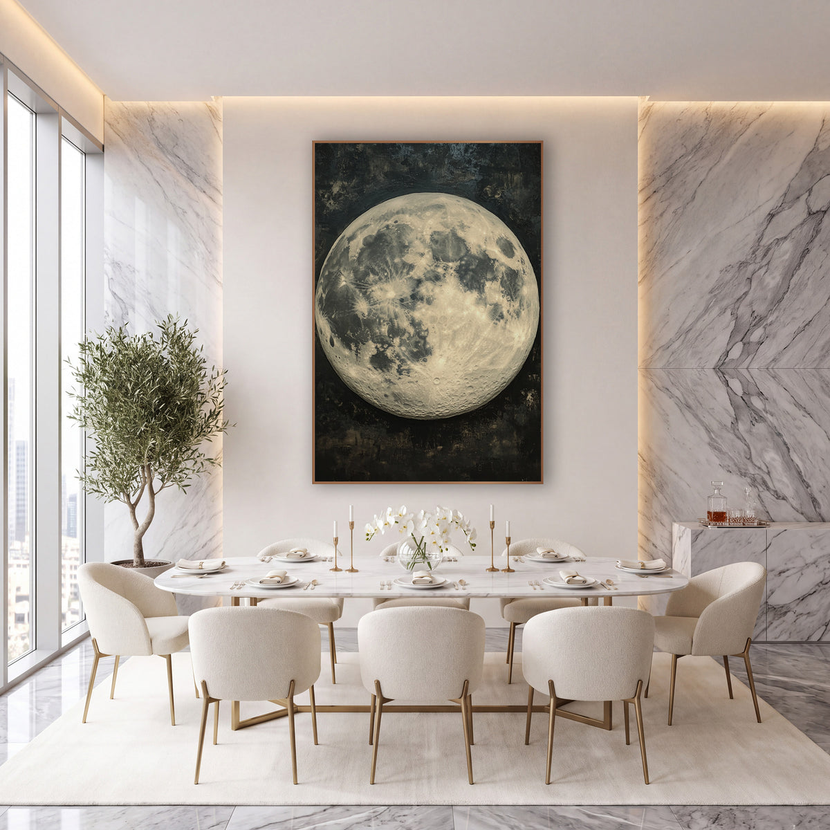 Cream Full Moon Celestial Luxury wall art in an elegant modern room – large cream and gray full moon with fine craters