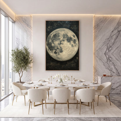 Cream Full Moon Celestial Luxury wall art in an elegant modern room – large cream and gray full moon with fine craters