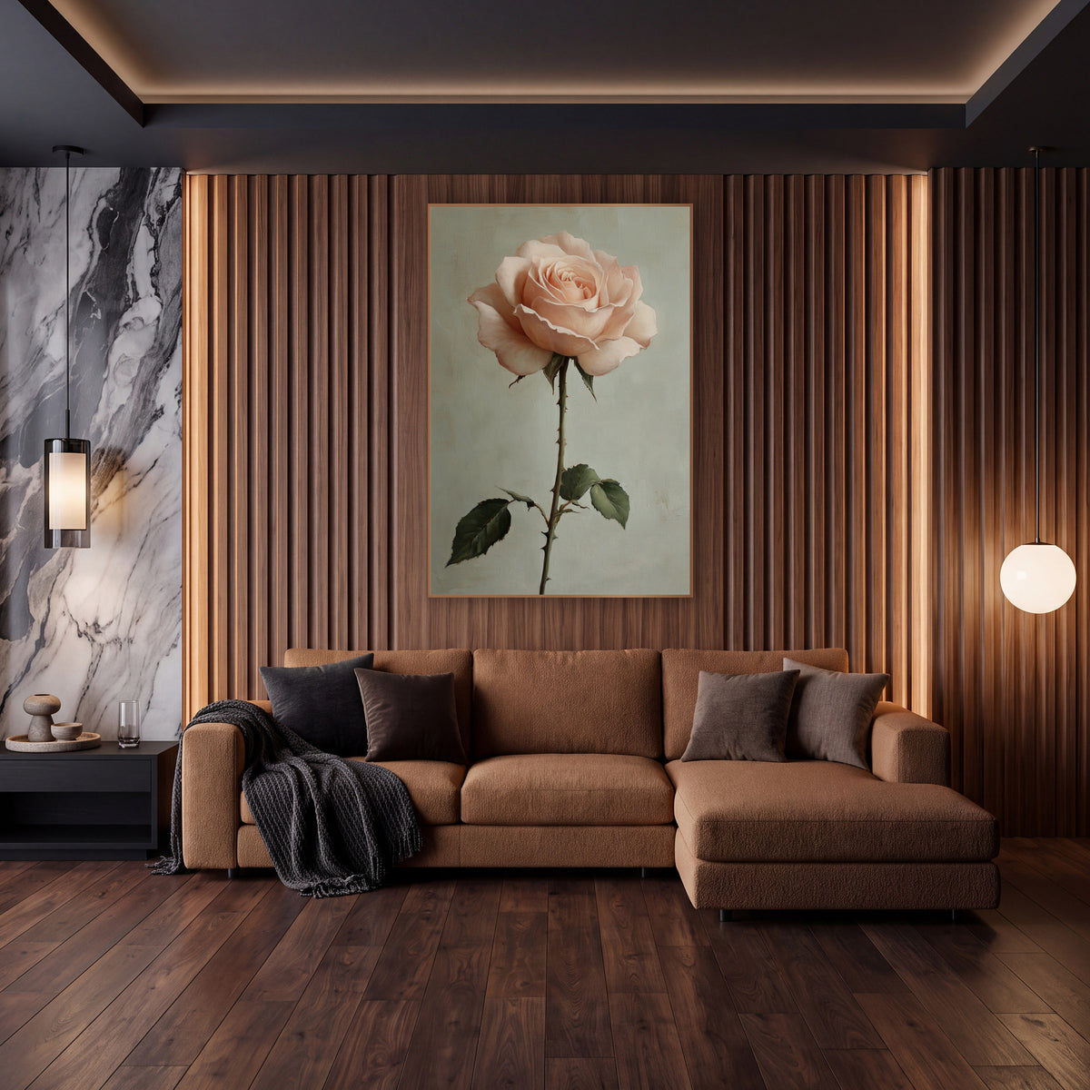 Blush Garden Rose Romantic Botanical wall art in an elegant modern room – single blush pink garden rose on a long